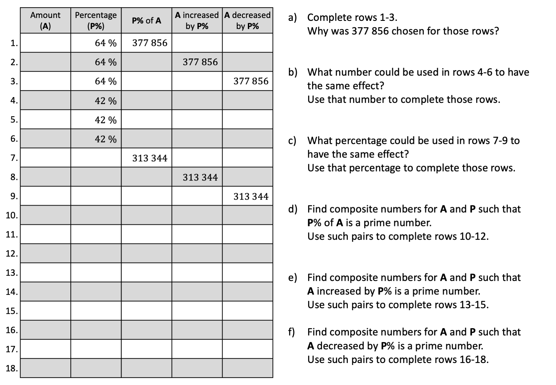 Preview of Percentage Change Completion Table