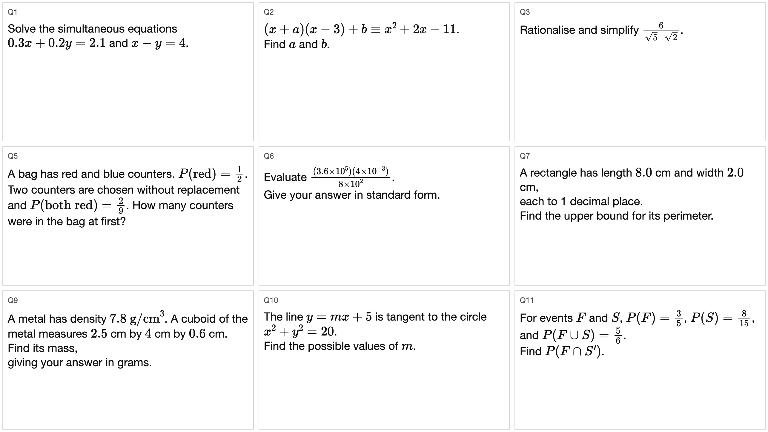 Preview of Non-Calculator Grade 9 Revision Question Generator